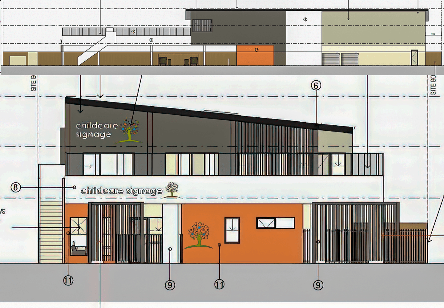 Architectural design of a building labeled 'childcare signage' with detailed floor plans and elevations.